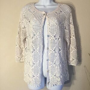 Style Studio Crochet Cardigan Ramie Cotton Cream Open Knit Boho 3/4 Sleeve L